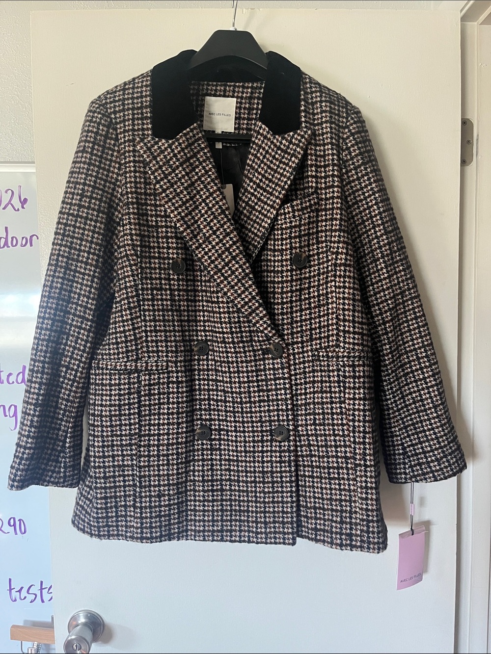 Avec Les Filles Black & Cream Houndstooth Double-Breasted Pea Coat